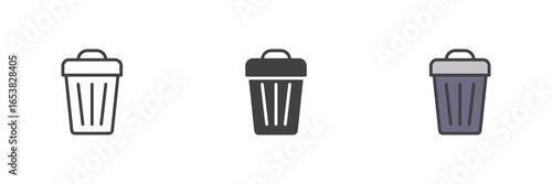 Trash bin delete icon set in line, solid and filled outline style