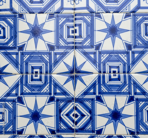 Blue and White Geometric Tile Design A Detailed Close-up of Portuguese Azulejo Pattern