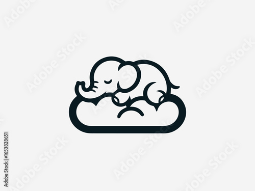 Peaceful baby elephant sleeping soundly on fluffy cloud in dreamy vector logo