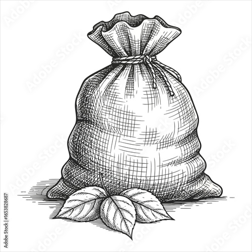 Rustic burlap sack with leaves