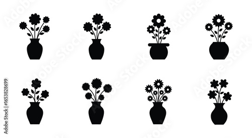 Eight Simple Black Flower Icons in Vases and Pots