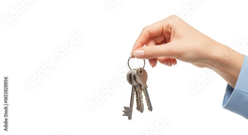 Hand holding keys isolated on white background