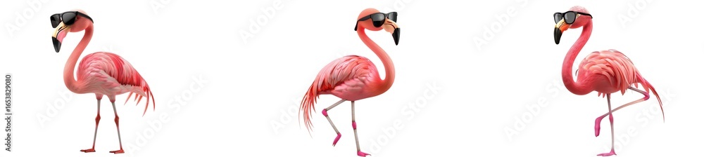 Fototapeta premium Three pink flamingos wearing sunglasses, standing on one leg, isolated on a transparent background