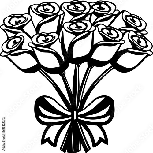 SVG vector illustration of an artificial floral bouquet with daffodils and roses.Bouquet of Roses with Ribbon Bow for Celebratory Occasions
