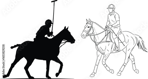 Polo horse riding sport equestrian outline silhouette vector