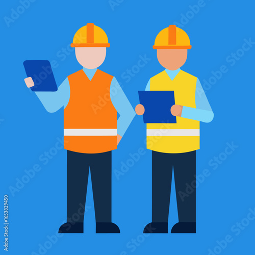 Two individuals engaged in construction or building activities depicted as a clean vector graphic design for professional use