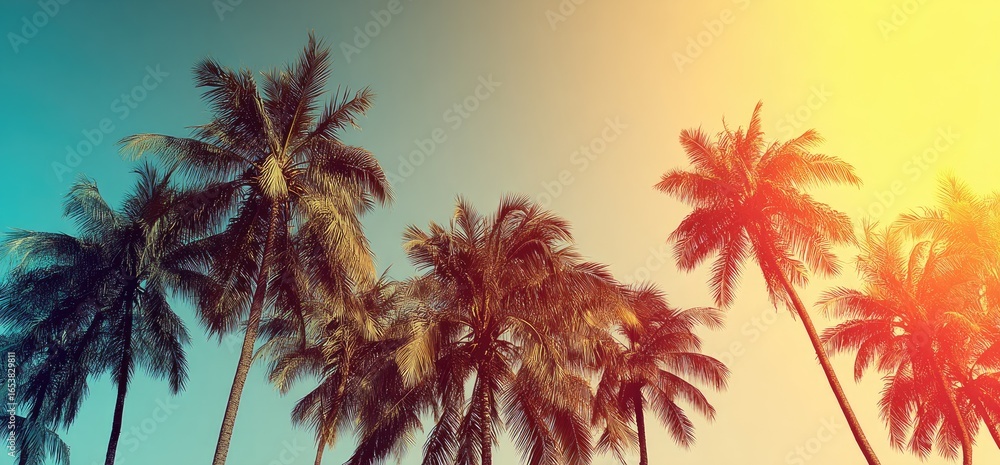 Obraz premium Palm trees against a vibrant sunset sky