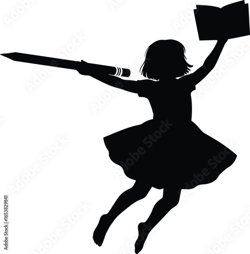 Girl reading and writing silhouette education concept art