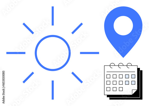 Sun icon paired with calendar and location pin evokes ideas of sunshine, travel plans, event scheduling, and location awareness. Ideal for time management, travel, summer plans, appointments, outdoor