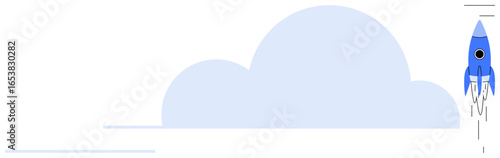 Blue rocket ascending alongside minimal cloud design, symbolizing progress, innovation, and growth. Ideal for success, startup, innovation, ambition development leadership goals. Clean simple