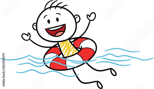 Stick figure swimming with life buoy in water cartoon vector
