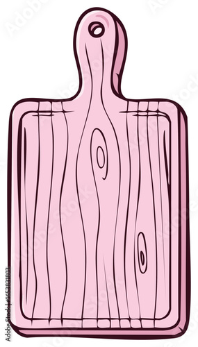 Hand drawn pink wooden cutting board with a simple shape and a hole for hanging