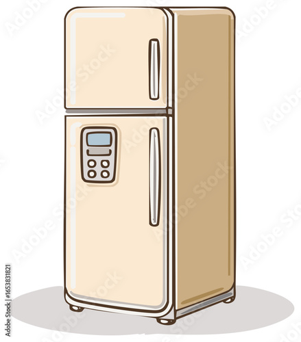 Cartoon beige refrigerator with freezer and digital display stands in kitchen