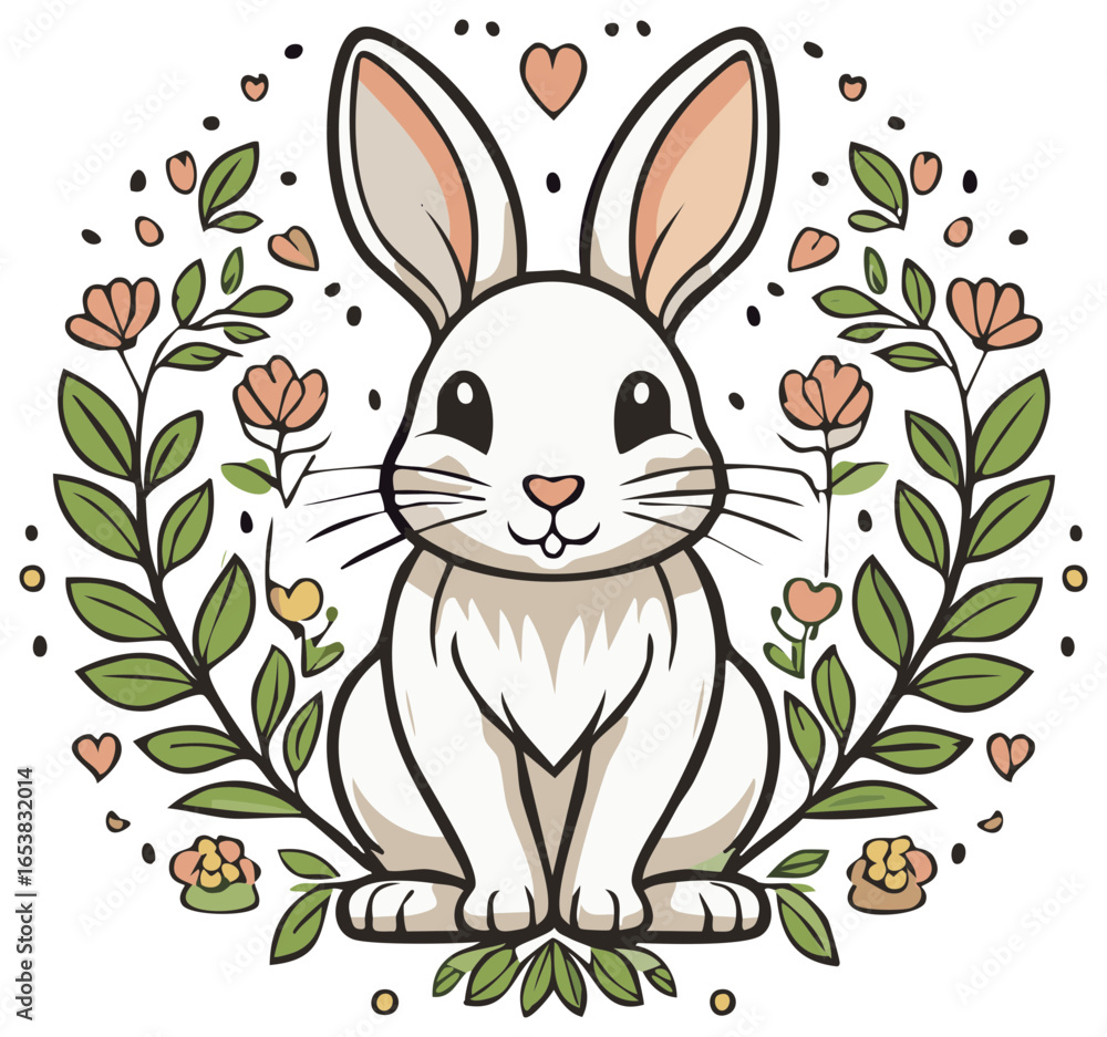 Obraz premium Charming Easter Bunny Surrounded by Flowers and Hearts in a Delightful Spring Vector