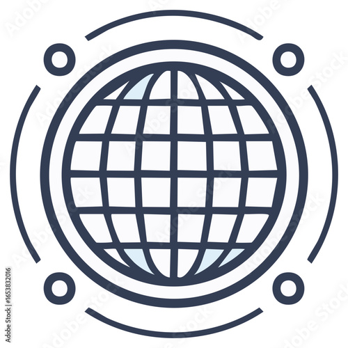 Stylized globe icon with orbital lines for global communication and internet technology