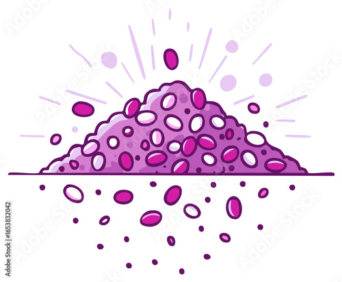 Energetic pile of purple seeds or beans bursting with power, cartoon vector illustration