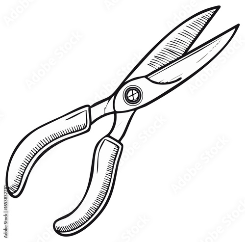 A black and white line art illustration of heavy duty garden shears or tin snips