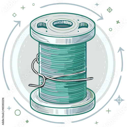 Spool of green thread with needle illustration crafting and needlework equipment