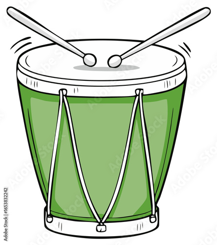 Green Drum with Sticks Illustration Percussion Instrument Isolated Musical Equipment