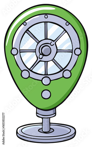Bright green cartoon parking meter with vintage style dial isolated illustration