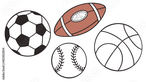 Collection of sports equipment including soccer ball football baseball and basketball for games and recreation
