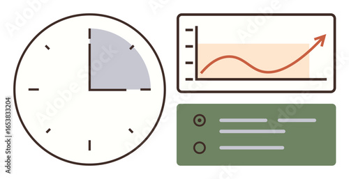 Clock with shaded segment, rising line graph, and outlined task list emphasize productivity, analysis, scheduling, and goal tracking. Ideal for planning, workflow, organization time tracking