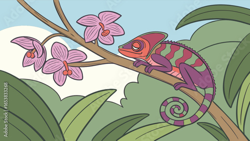 Chameleon illustration vector art with orchid flowers in a tropical rainforest scene design art