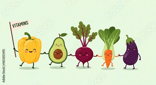 Cute cartoon illustration of happy vegetables dancing together with smiling faces, including bell pepper with 'VITAMINS' flag, avocado, beetroot, bok choy, carrot, and eggplant on a pastel background