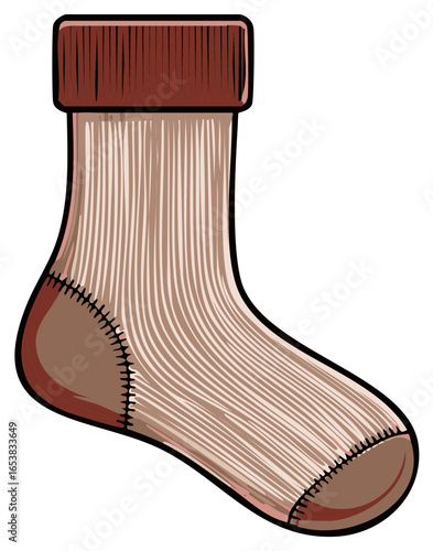 Warm knitted brown sock illustration with ribbed cuff and detailed stitched heel and toe