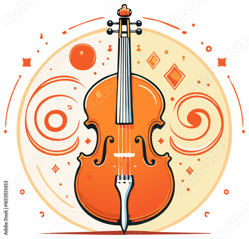 Vibrant orange cello with swirling decorative elements symbolizing music and creativity