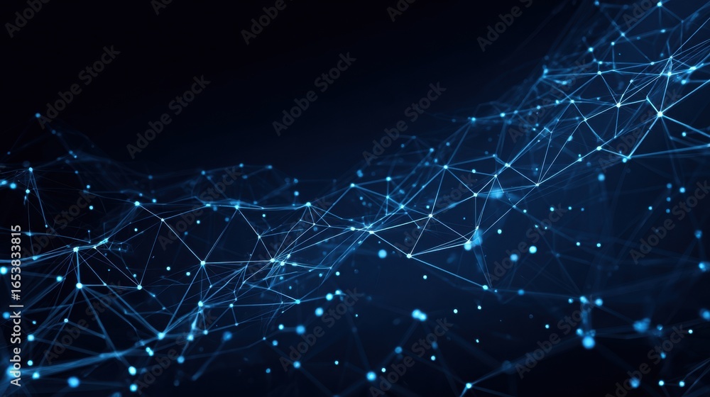 Fototapeta premium A vibrant digital network illustrates interconnected nodes and lines in dynamic blue hues, showcasing the complexity of online connections and data flow in a modern tech environment.