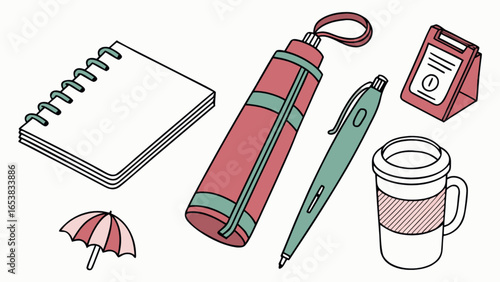 Office desk essentials stationery notebook pen calendar coffee cup umbrella work from home supplies art