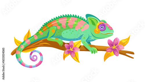 Chameleon illustration vector art: colorful reptile on branch with flowers and leaves design graphic image