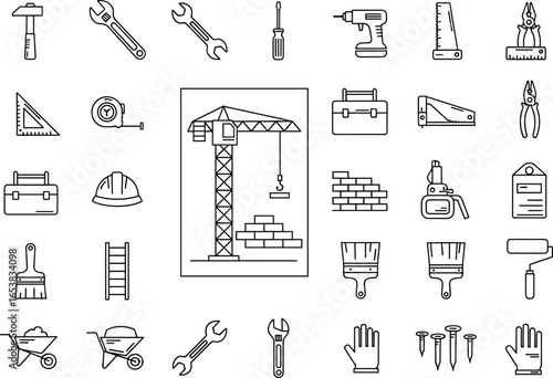 Construction and building icons set with crane, bricks, helmet, toolbox, tools, paint brushes, ladder, wheelbarrow, gloves, nails, drill, saw, pliers