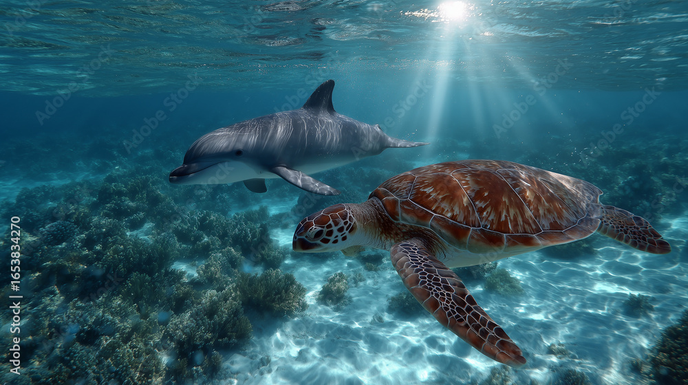 Obraz premium A cute dolphin swimming with a turtle under the sea , beautiful sunlight reflect.