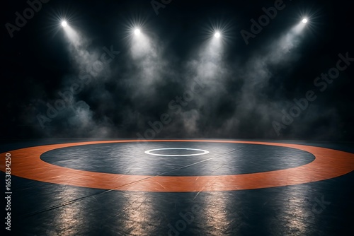 A wrestling mat is dramatically lit by spotlights and heavy fog, creating a stage for competition.