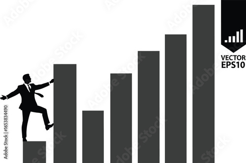 Businessman climbing bar graph, symbolizing success and career growth isolated on white background