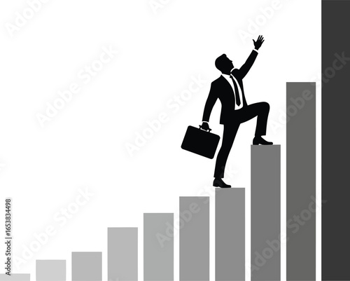 Businessman climbing bar graph, symbolizing success and career growth isolated on white background
