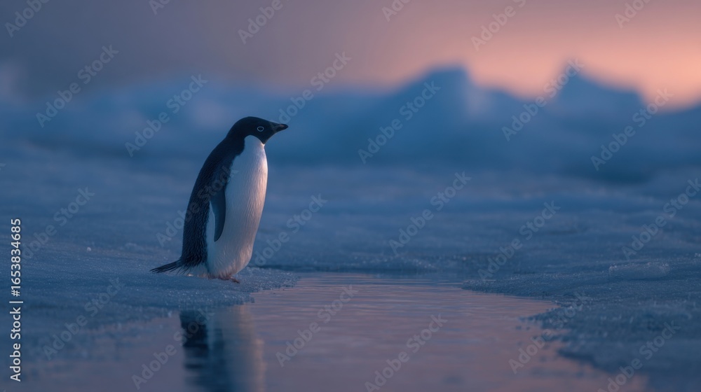 Obraz premium An Adelie penguin is seen alone near a icy shoreline during twilight in Antarctica. The sky is illuminated with soft hues, reflecting on the water surface.