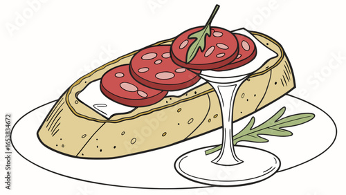 Delicious salami appetizer on baguette with wine glass gourmet food illustration vector art