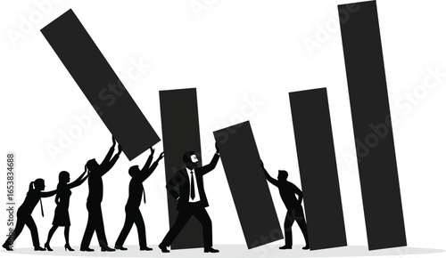 Illustration of a team of people working together to raise falling graph bars isolated on white background