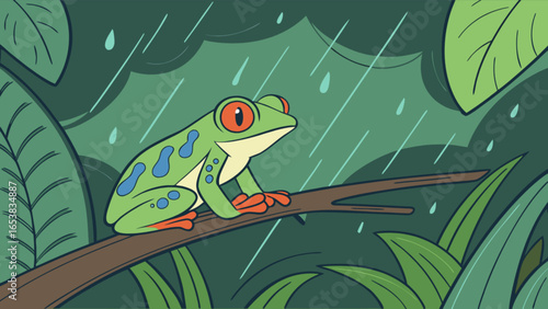 Red eyed tree frog illustration on branch in the rain forest cartoon vector drawing amphibian tropical wildlife