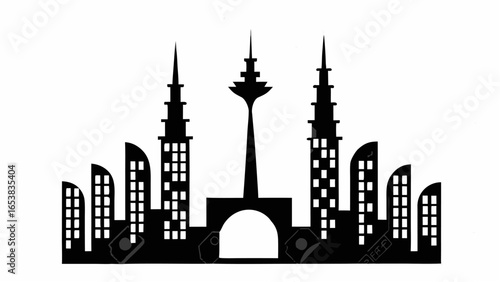 Silhouette of a cityscape with skyscrapers and a central tower against a white background image design