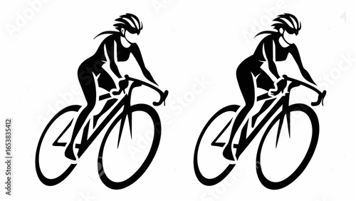 Two female cyclists in black silhouettes riding bicycles with helmets on a white background image art