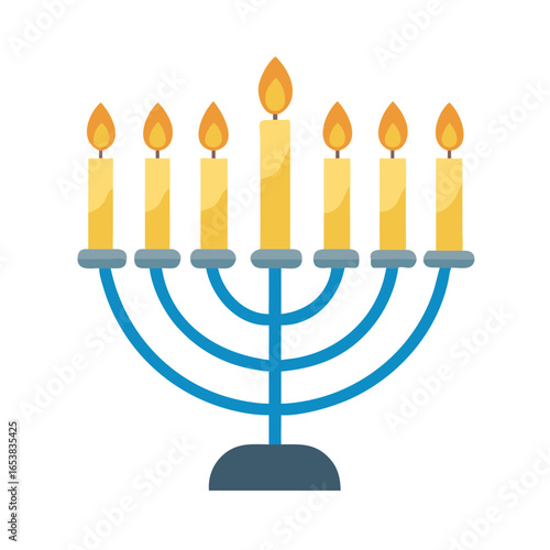 Blue Hanukkah menorah with lit candles on white background