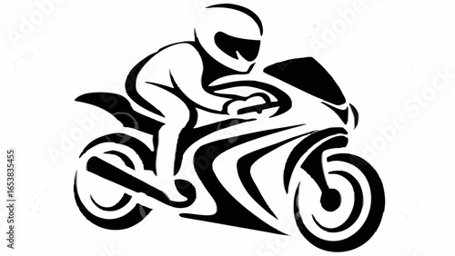 Stylized illustration of a motorcyclist with helmet riding a motorcycle in black and white design silhouette