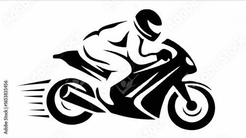 Silhouette illustration of a motorcyclist riding a motorcycle with speed lines indicating motion and speed