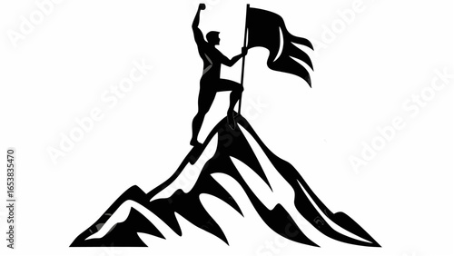 Silhouette of a man climbing a mountain with a flag in hand reaching the summit in black and white style