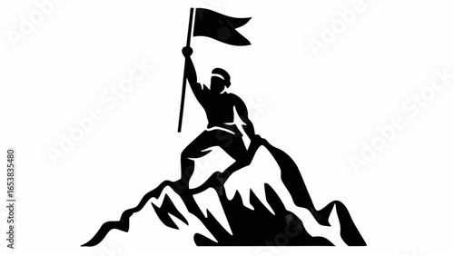Silhouette of a person reaching the mountain peak and holding a flag with a symbol on it in black