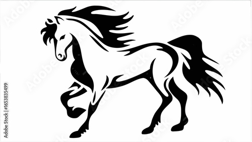 Stylized black and white horse illustration with flowing mane and tail in a dynamic pose design image silhouette